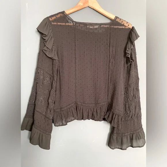 Zara Women’s Embroidered Sheer Black Ruffled Victorian Whimsigoth Top Size Small - Picture 2 of 5